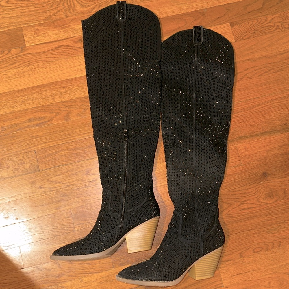 Tall black sparkle cowboy boots
